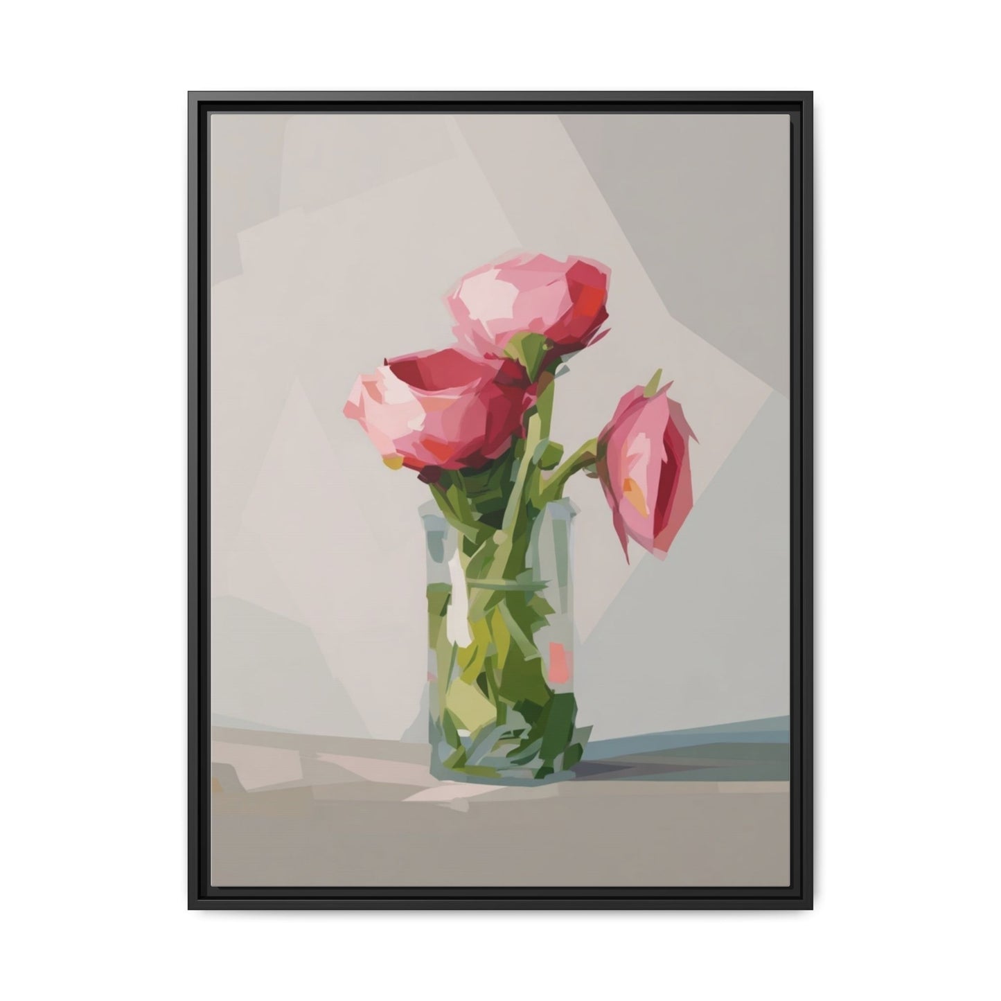 Framed Canvas Art — Pink Roses in Vase, Modern Floral Wall Print