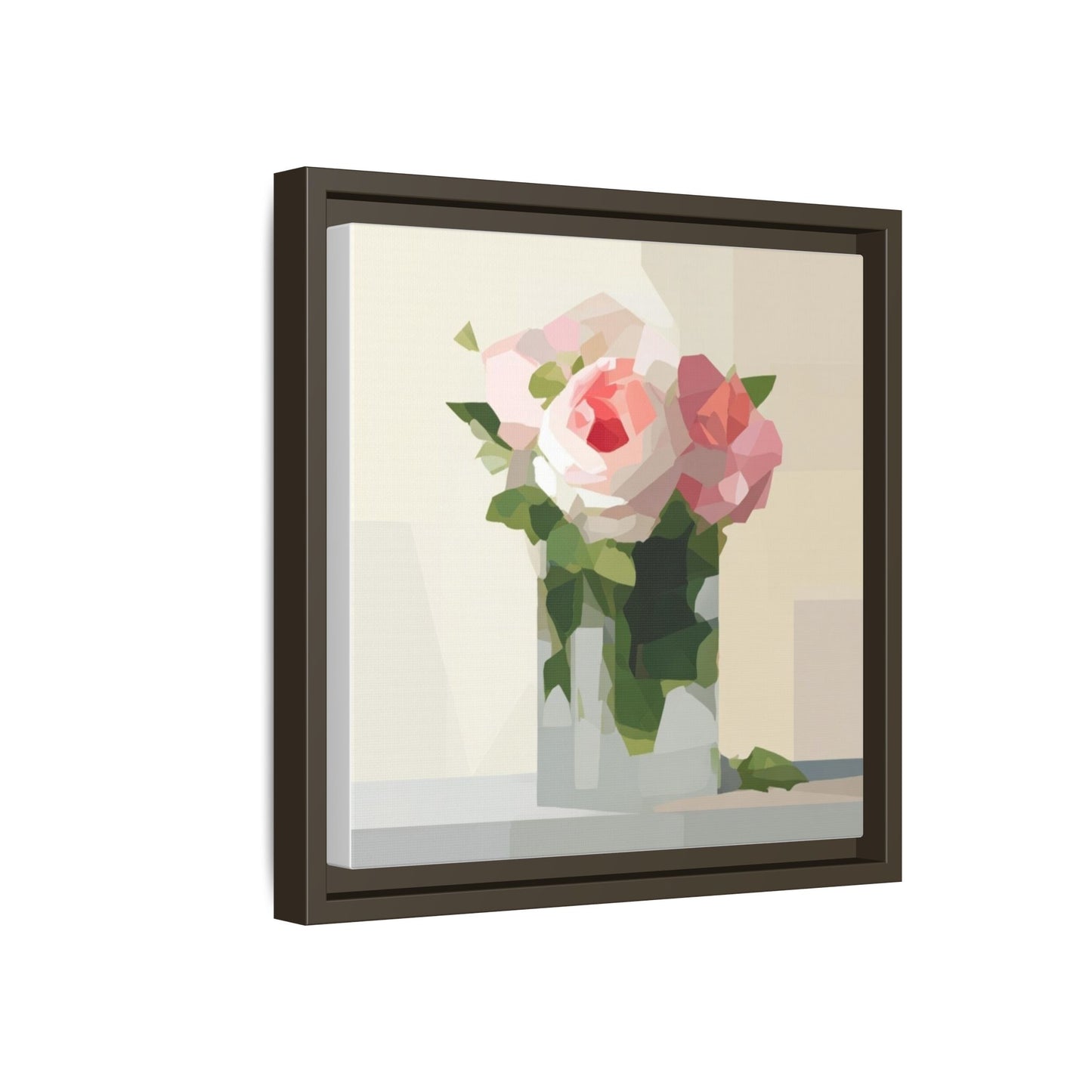 Framed Floral Canvas Print — Geometric Pink Rose Wall Art