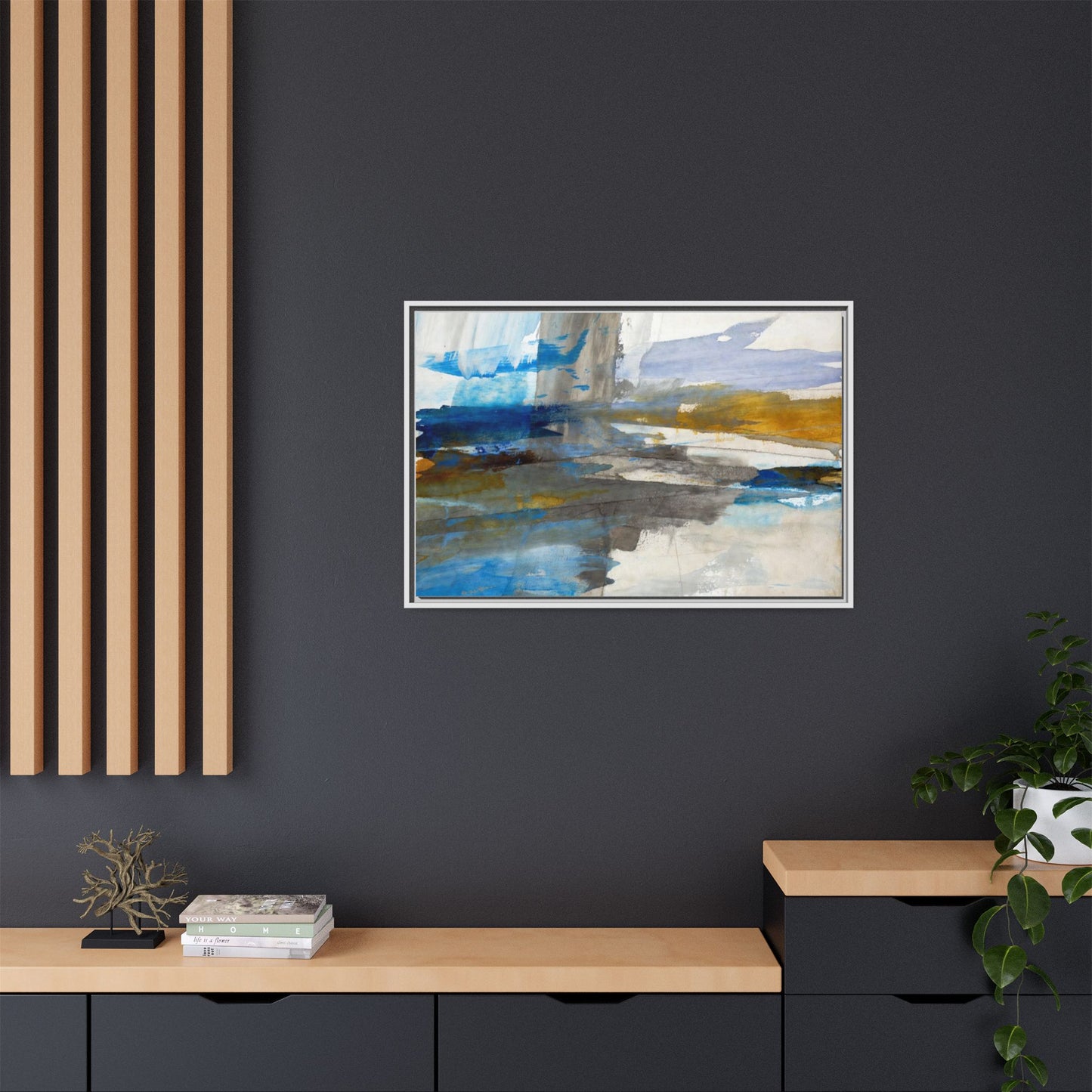 Abstract Blue & Gold Framed Canvas Art — Matte Multi-Color Wall Print