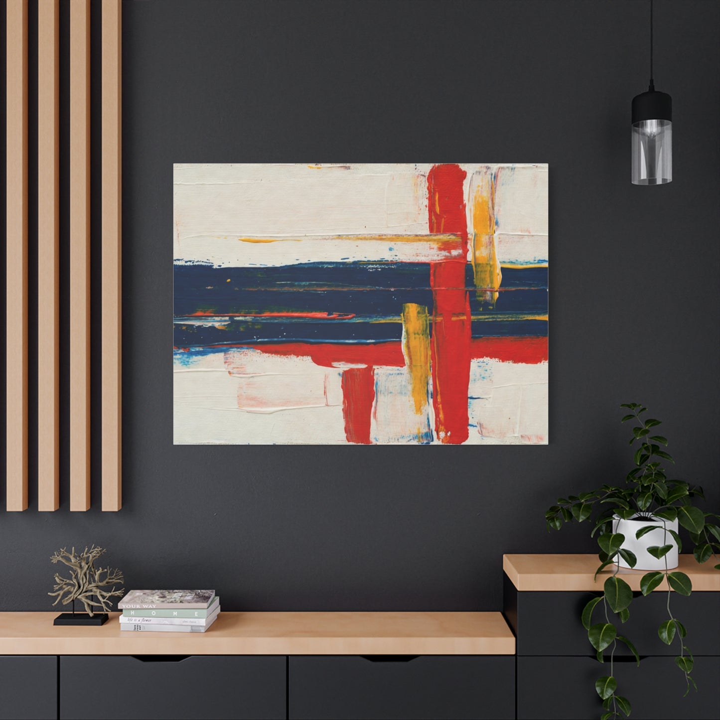 Abstract Modern Canvas Art Print — Red, Navy & Gold Stretched Matte Canvas