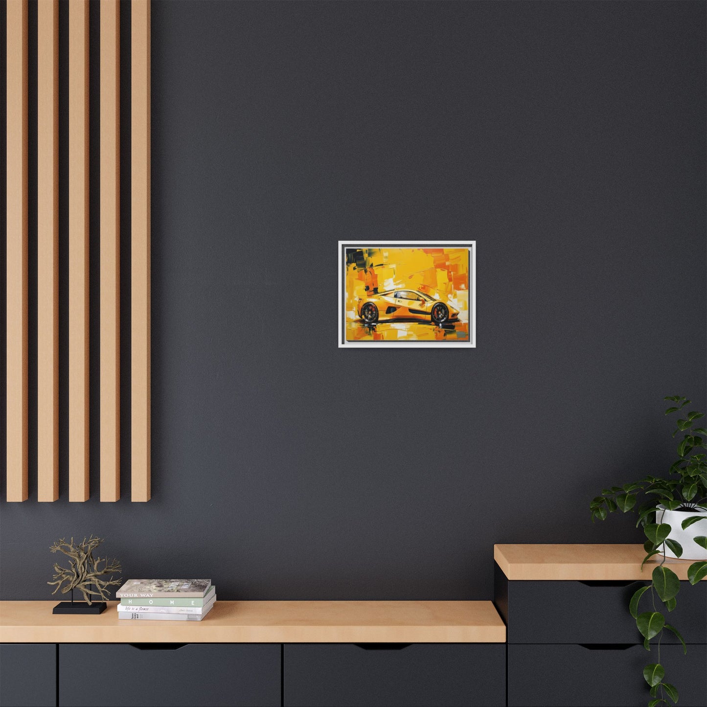 Yellow Sports Car Abstract Matte Canvas Framed Print
