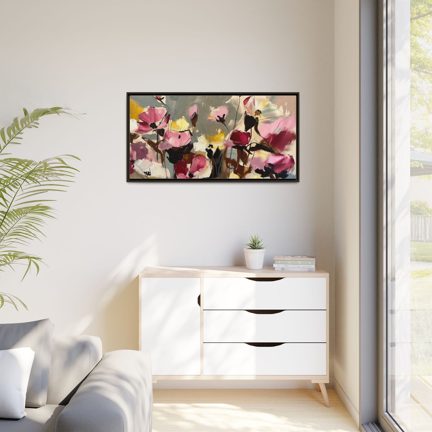 Framed Floral Canvas Wall Art — Abstract Pink & Yellow Flowers