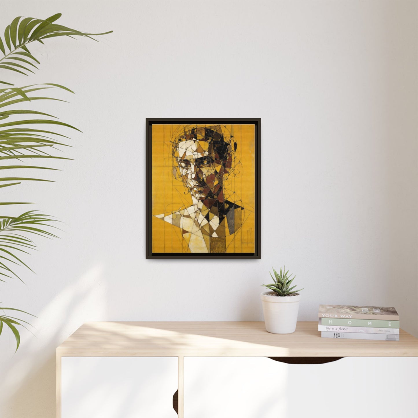 Framed Matte Canvas Art - Abstract Geometric Portrait on Mustard Yellow