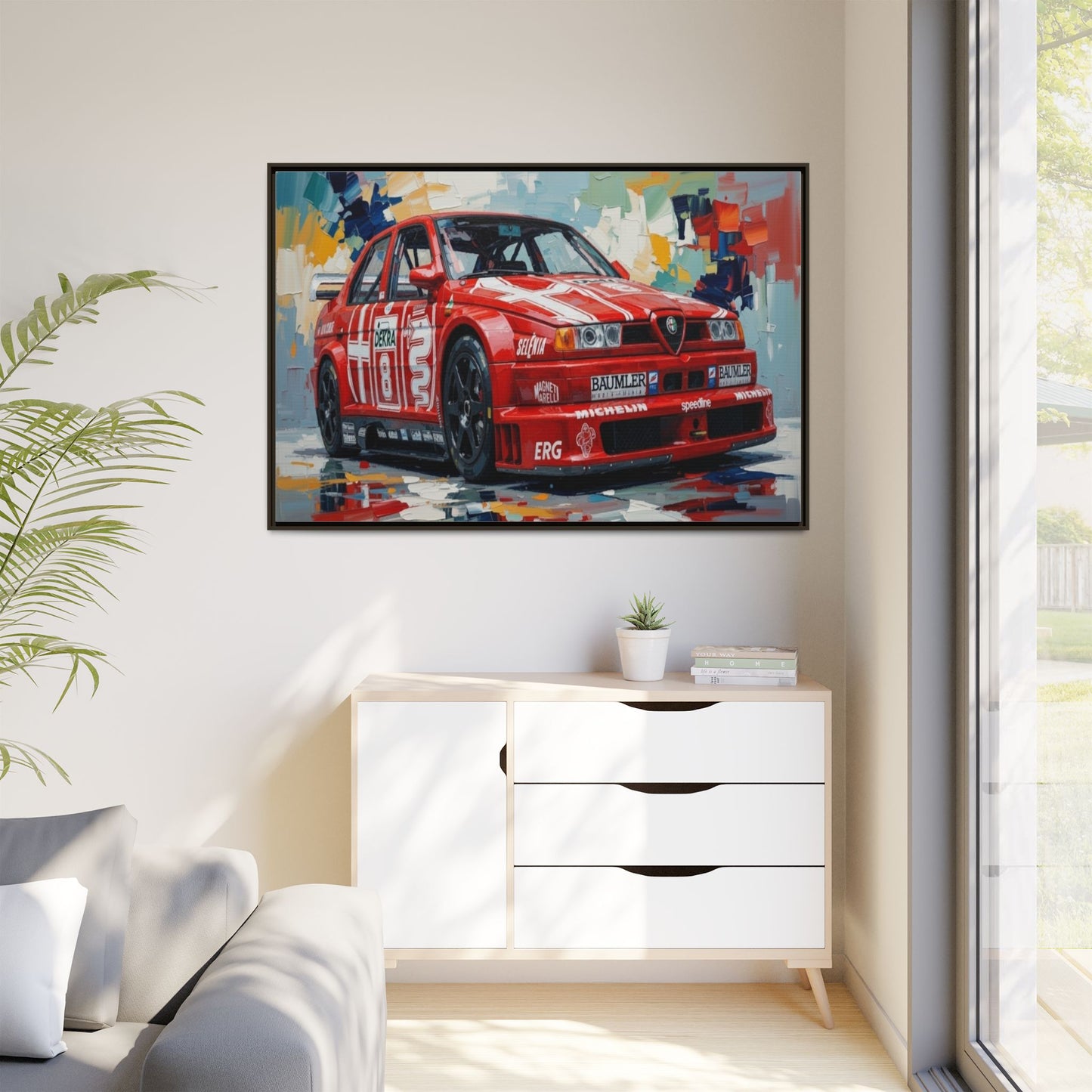 Framed Racing Car Canvas Print — Red Alfa Romeo Track Art