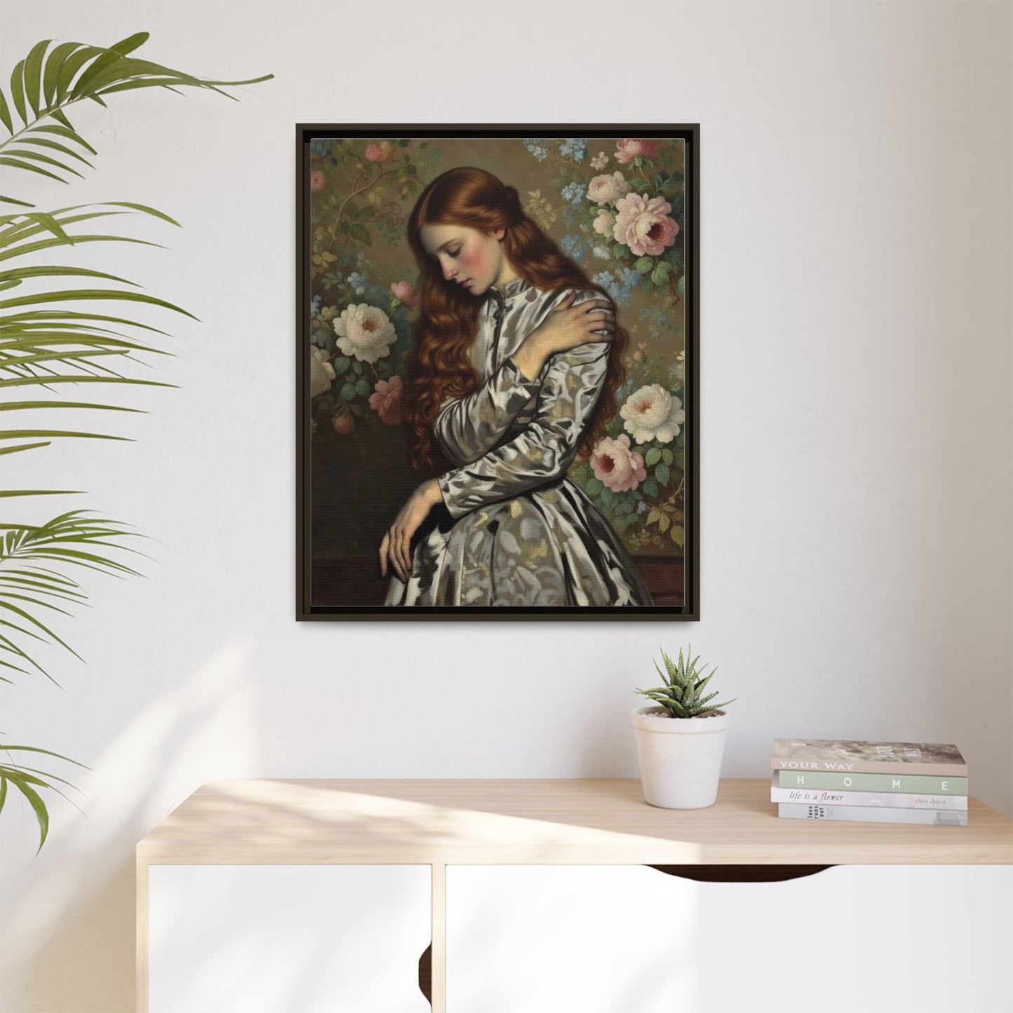 Framed Matte Canvas Art — Vintage Floral Portrait of a Young Woman