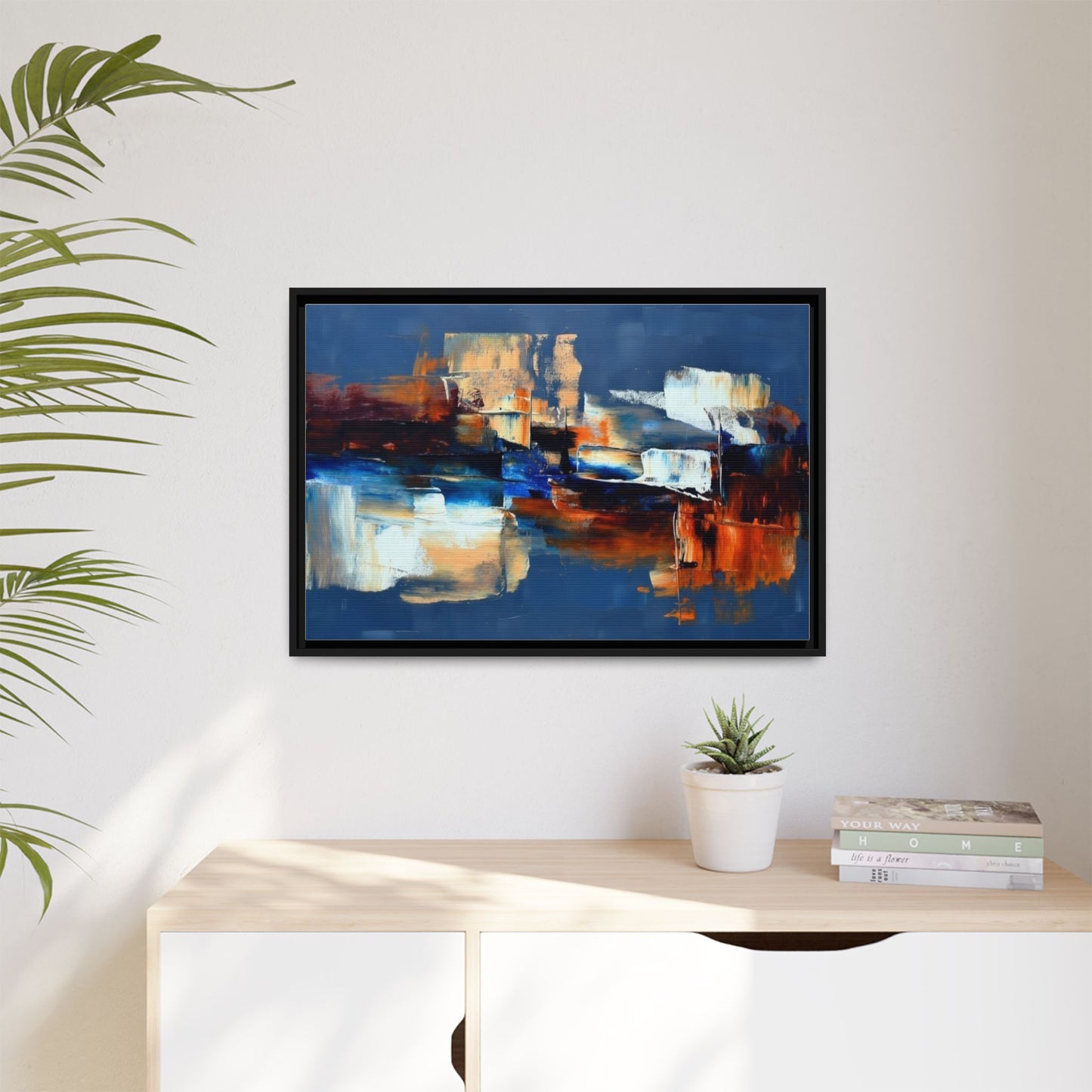 Abstract Blue & Rust Framed Canvas Art — Modern Matte Wall Painting