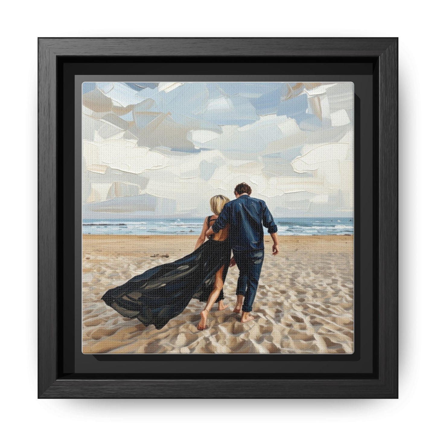 Framed Canvas Wall Art — Romantic Couple Walking on Beach Print