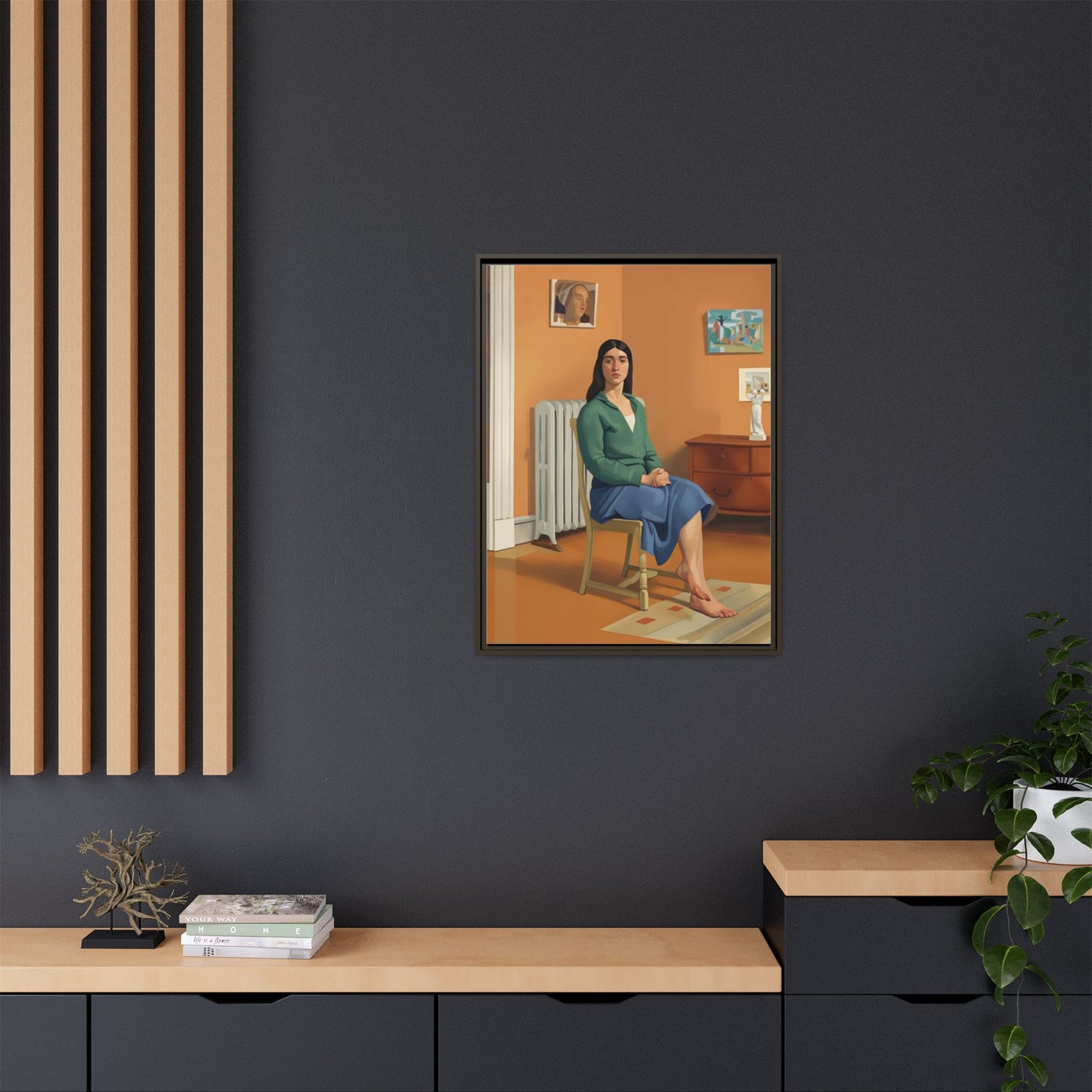 Framed Matte Canvas Print — Woman Seated in Warm Interior (Midcentury Portrait)