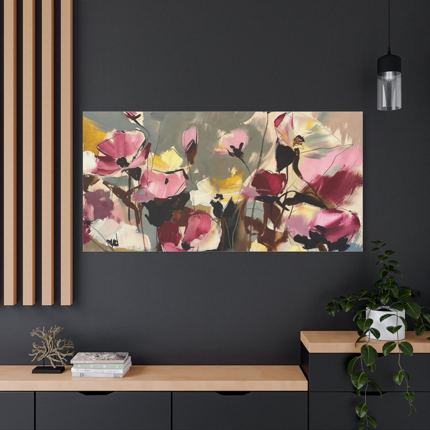 Floral Abstract Canvas Wall Art — Pink & Yellow Bloom Stretched Matte Print