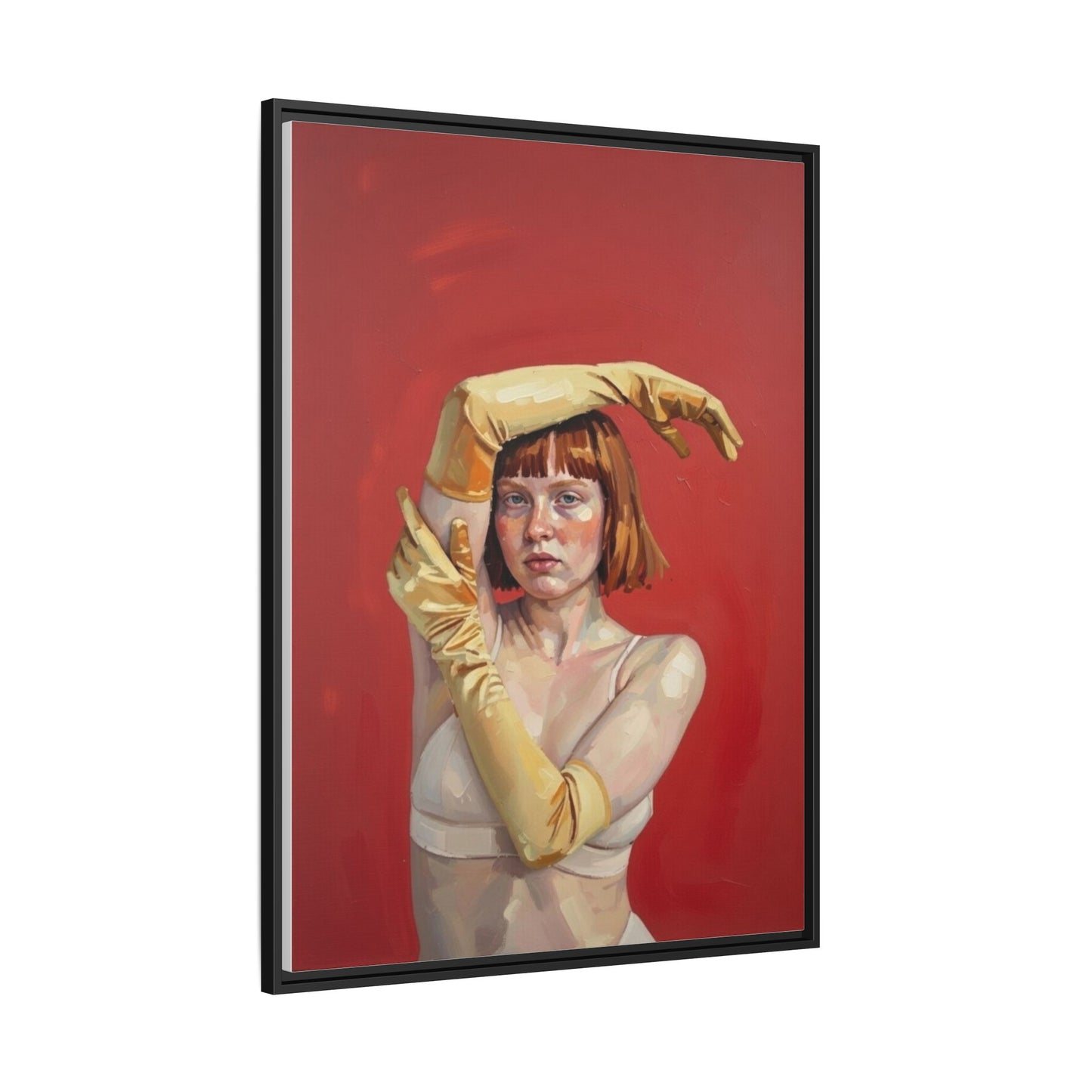 Framed Matte Canvas Art - Portrait of Woman in Yellow Gloves (Red Background)