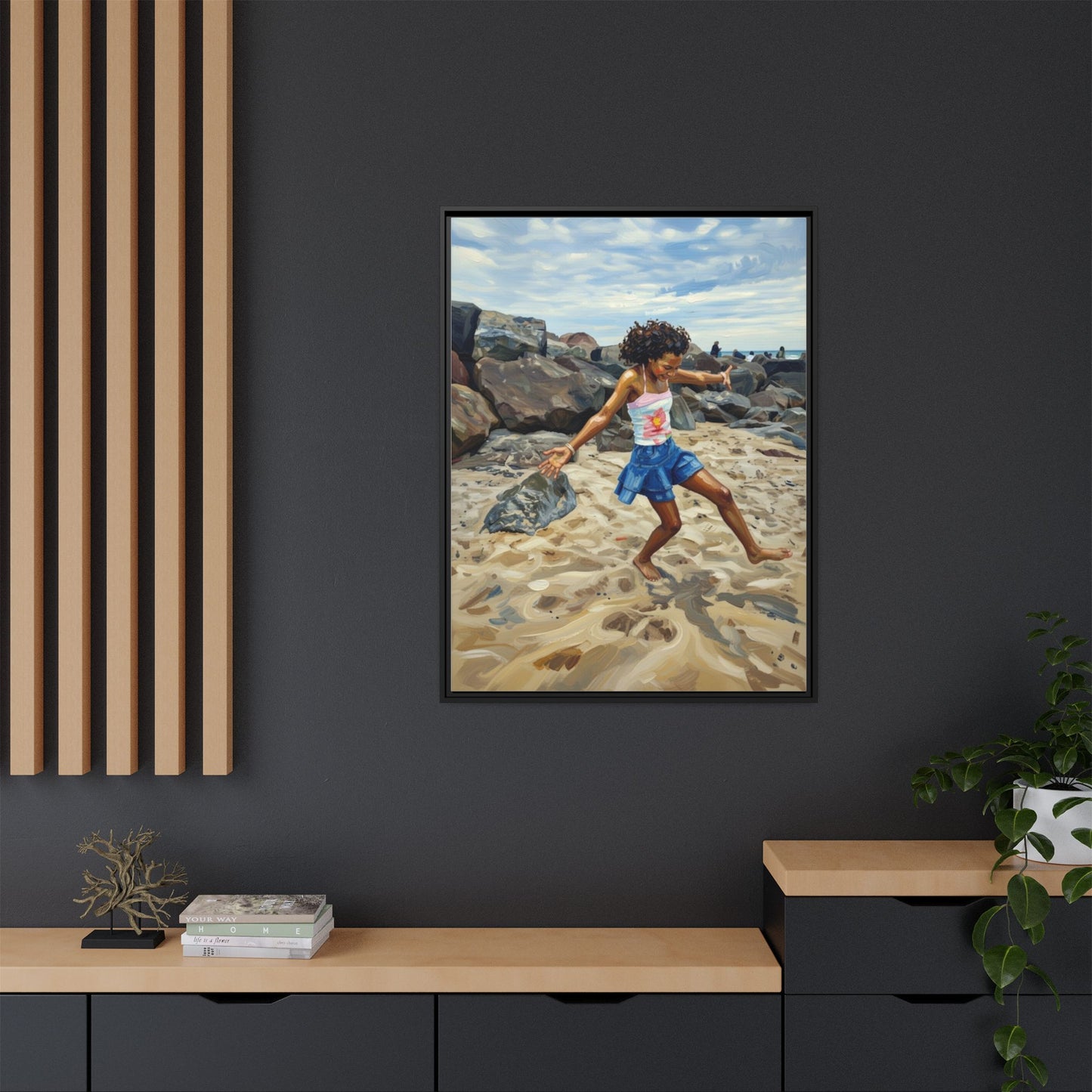 Framed Canvas Art - Girl Dancing on the Beach (Matte Multi-Color)