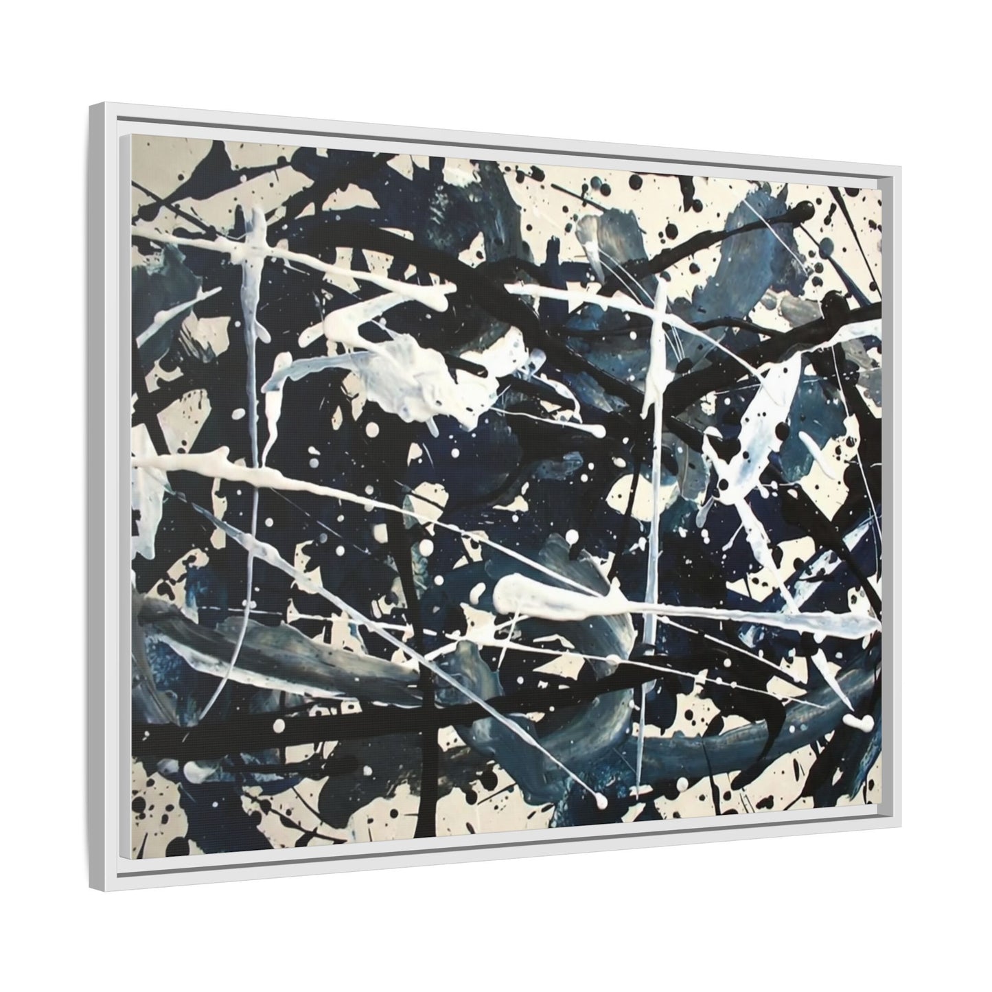 Abstract Splatter Matte Canvas Framed Wall Art — Black & Blue Modern Art Print