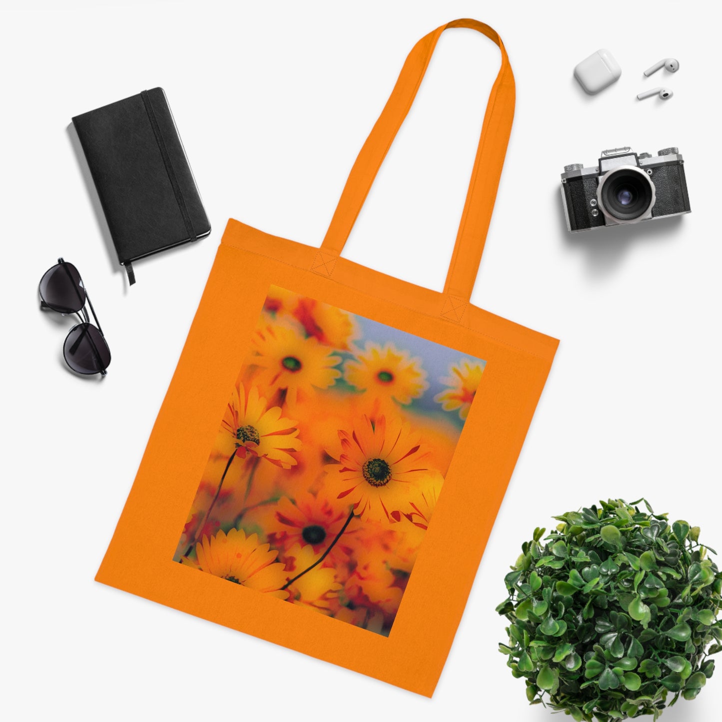 Floral Sunburst Cotton Tote — Bright Orange Daisy Print