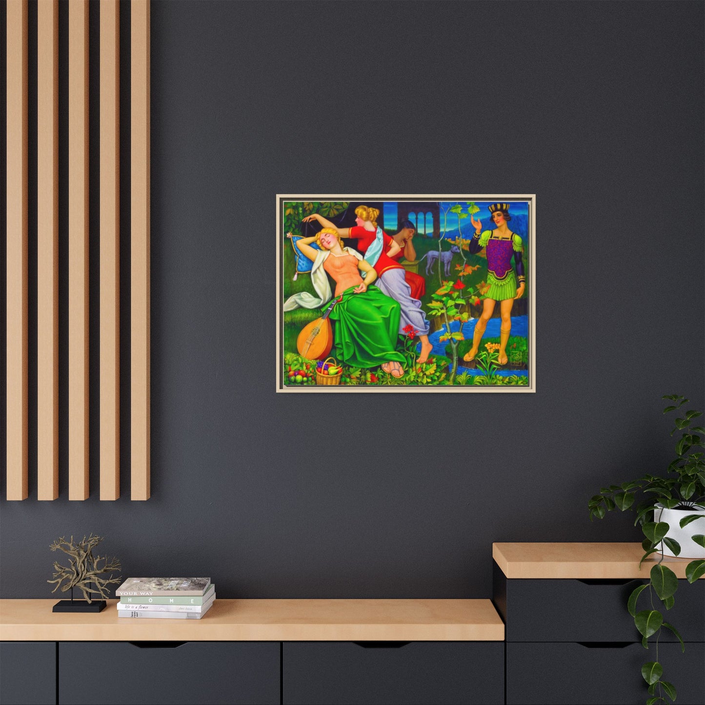 Framed Matte Canvas Art — Colorful Mythic Garden Scene