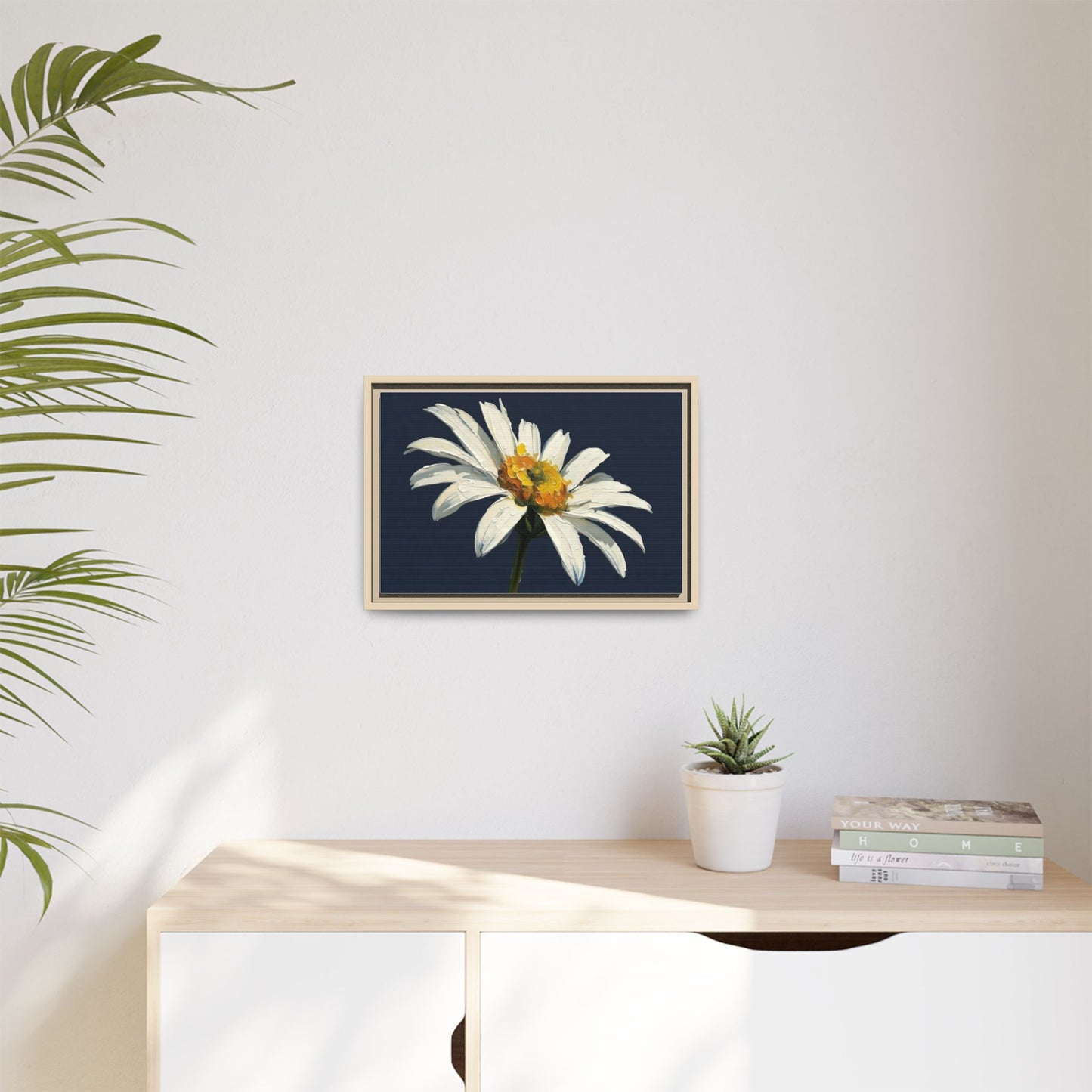 Framed Matte Canvas Daisy Wall Art — White Floral Painting on Navy