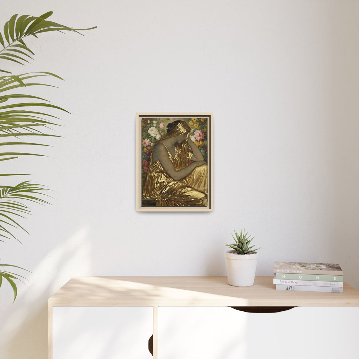Framed Canvas Art Print — Golden Muse Woman with Floral Background