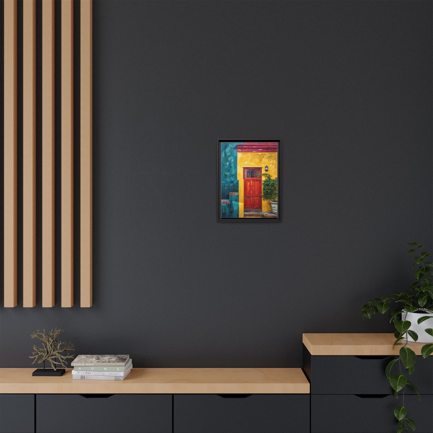 Framed Matte Canvas Wall Art — Colorful Red Door on Yellow Facade