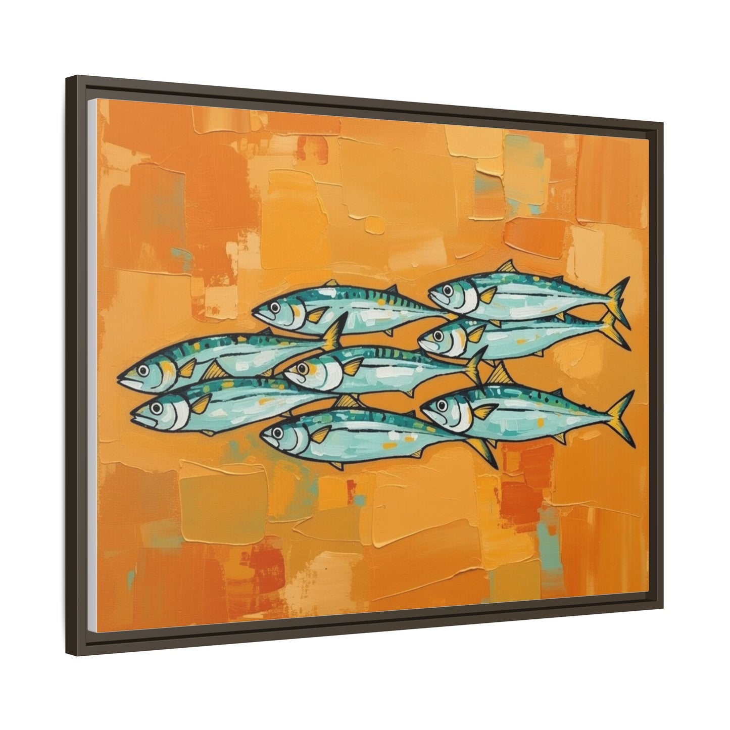 Framed Matte Canvas Print — School of Blue Fish on Orange Abstract Background
