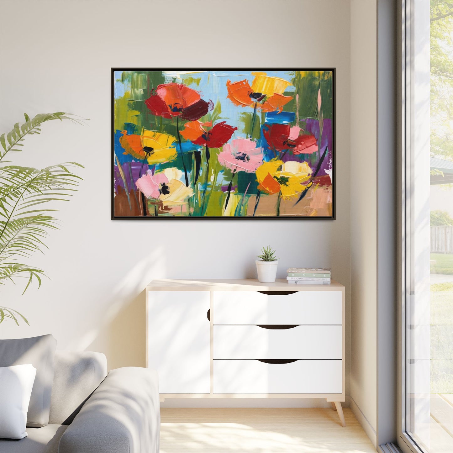 Framed Floral Canvas Print — Colorful Abstract Poppy Artwork
