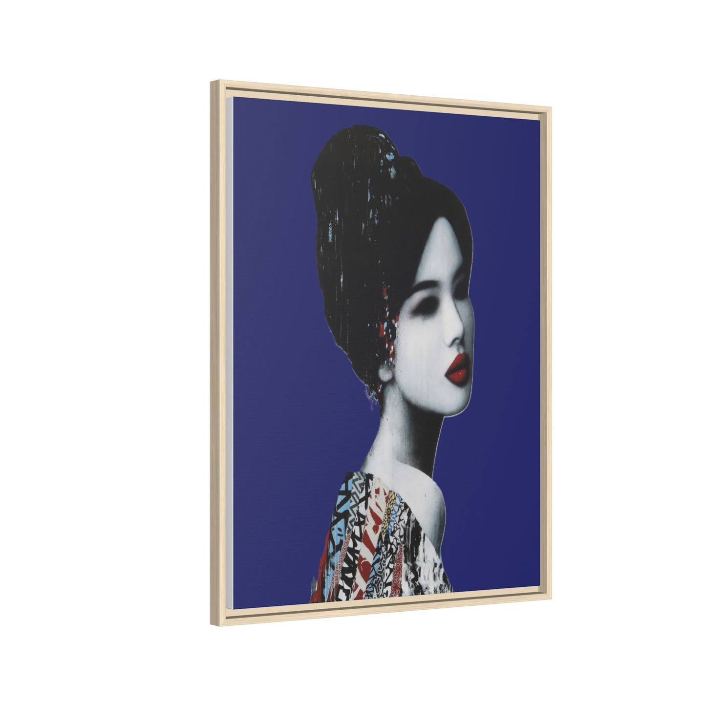 Framed Matte Canvas Art — Elegant Geisha Portrait on Deep Blue
