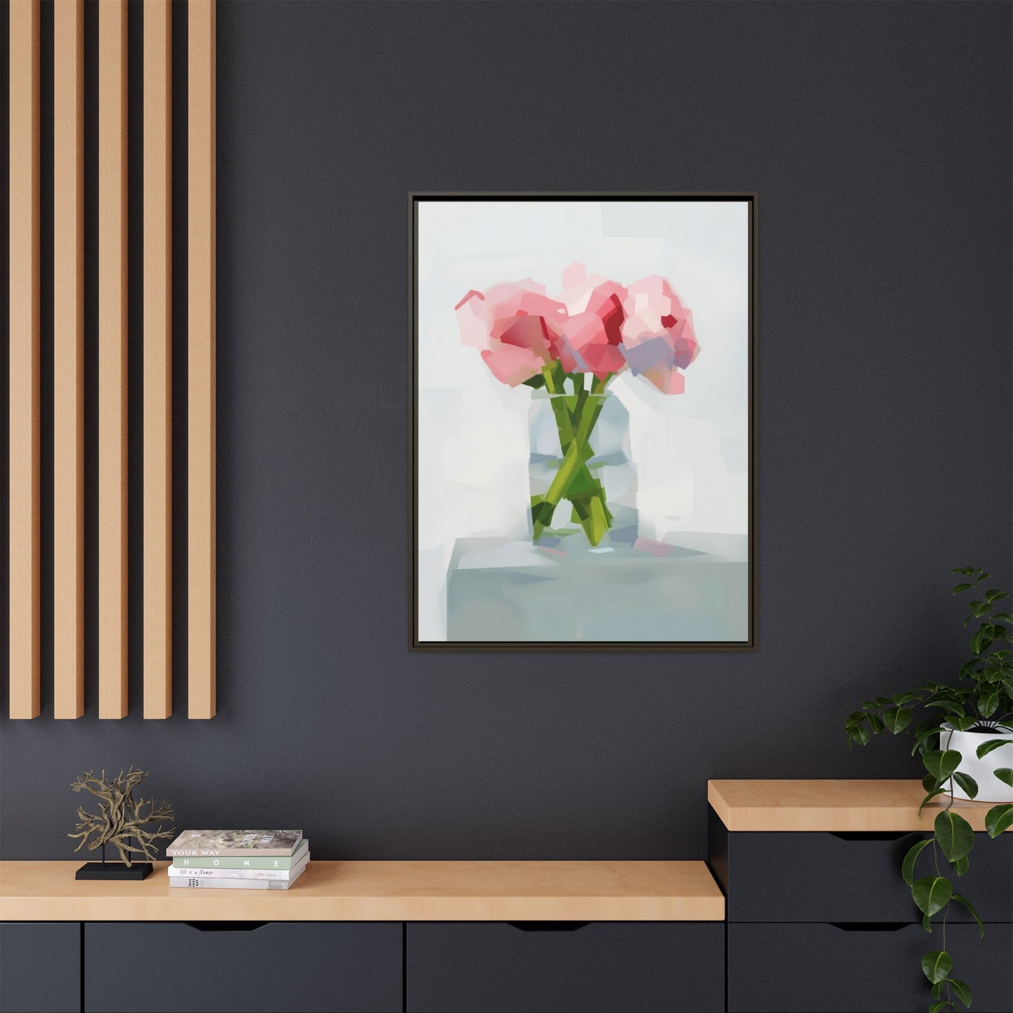 Framed Floral Canvas Art — Pink Peonies in Vase (Matte)
