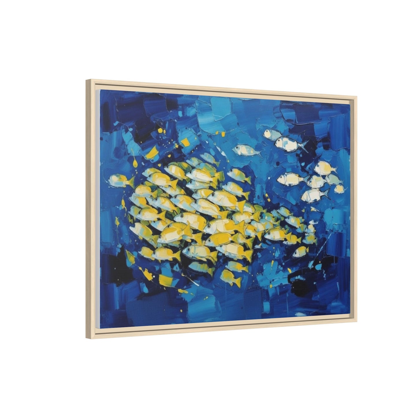 Framed Matte Canvas: Blue School of Fish Wall Art
