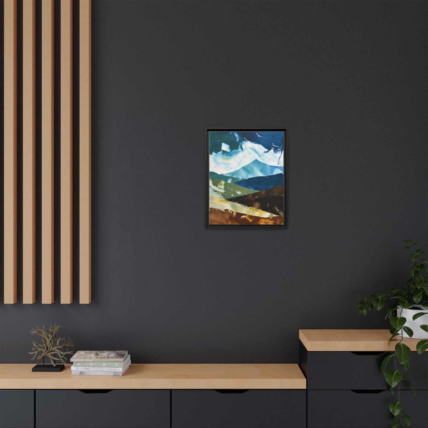 Framed Abstract Mountain Canvas Art — Blue & Earthtone Landscape Print