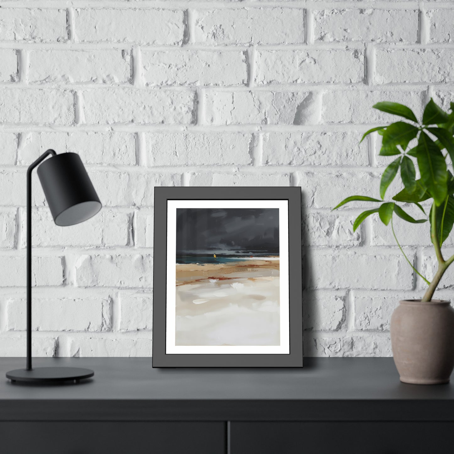 Framed Coastal Beach Print — Moody Seascape Poster in Black Frame