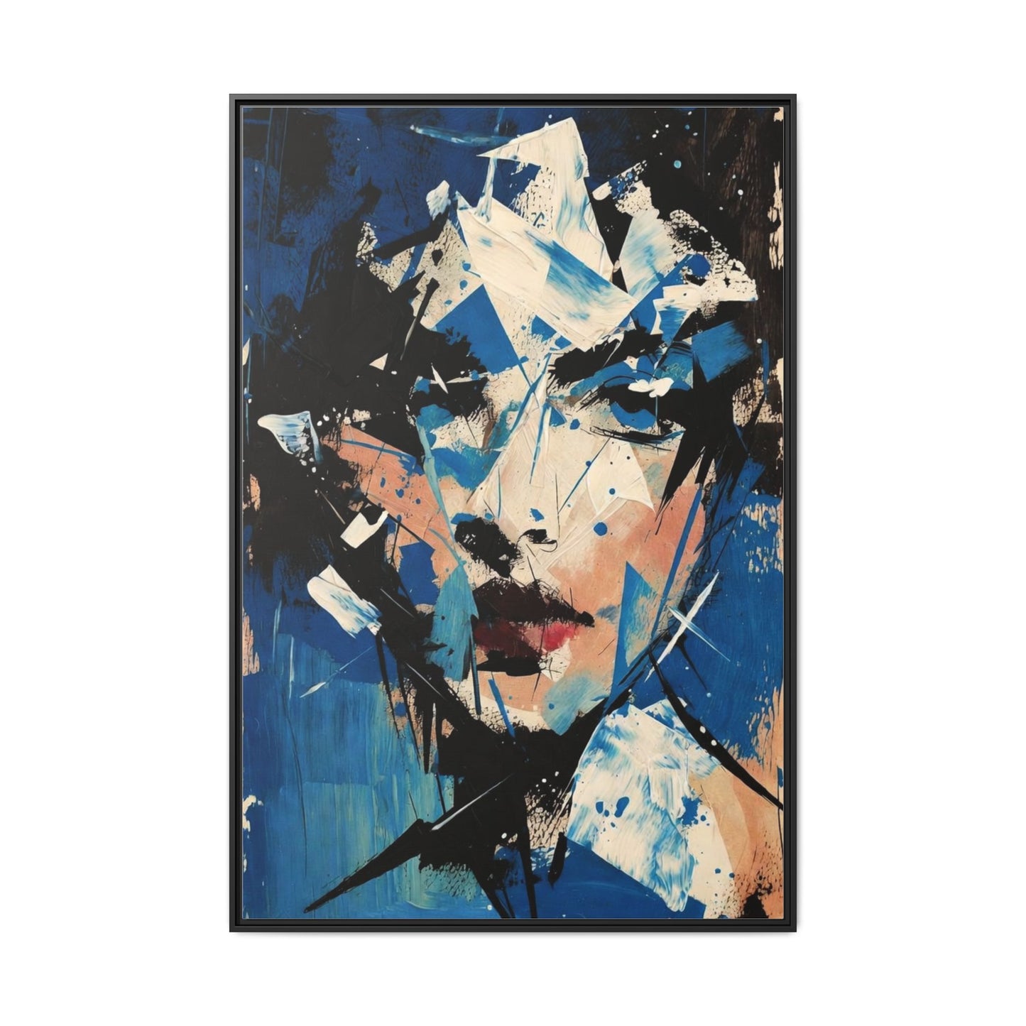 Abstract Portrait Matte Canvas Framed Wall Art — Blue Mixed-Media Face Print