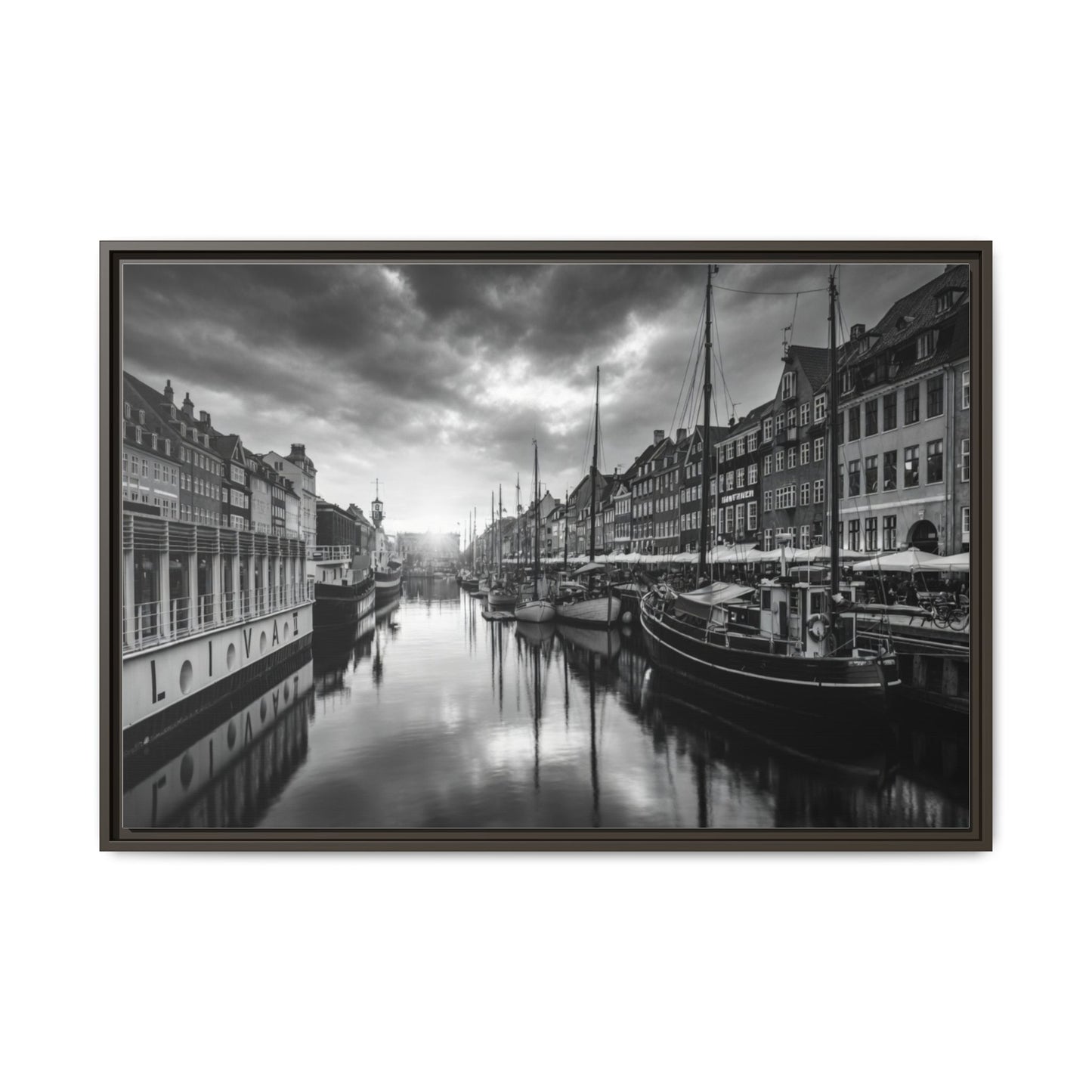 Framed Matte Canvas: Black & White Dutch Canal Photography Wall Art