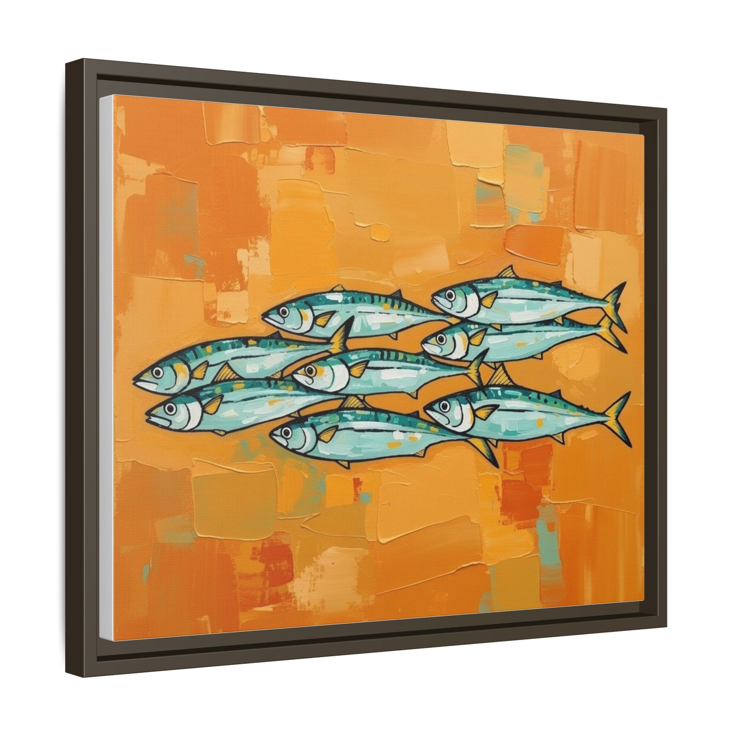 Framed Matte Canvas Print — School of Blue Fish on Orange Abstract Background