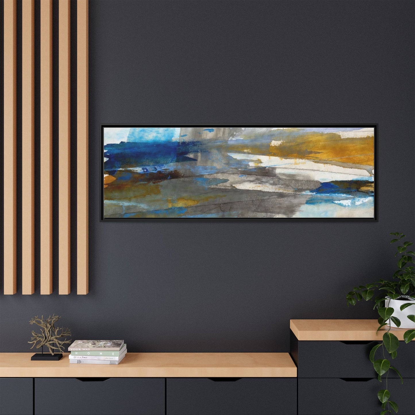 Abstract Blue & Gold Framed Canvas Art — Matte Multi-Color Wall Print