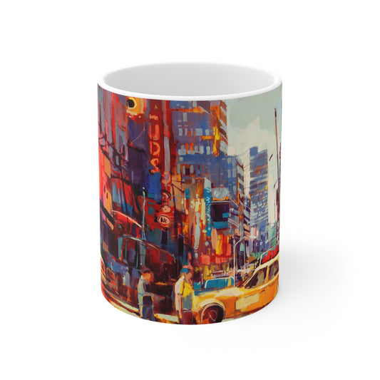 City Nights Coffee Mug — Vibrant Urban Taxi Street Art 11oz