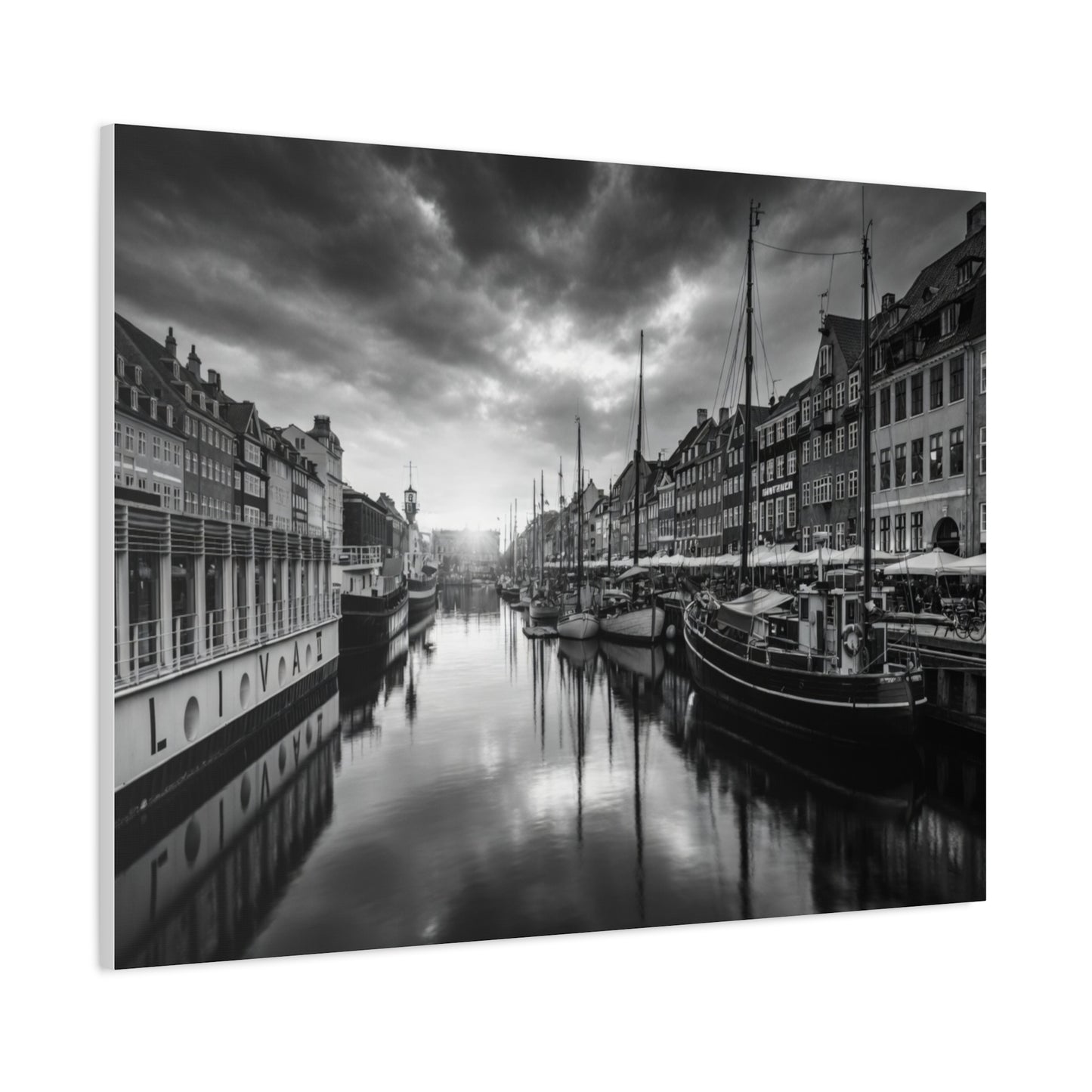 Black & White Harbor Canvas Print — Dramatic Copenhagen Cityscape Wall Art