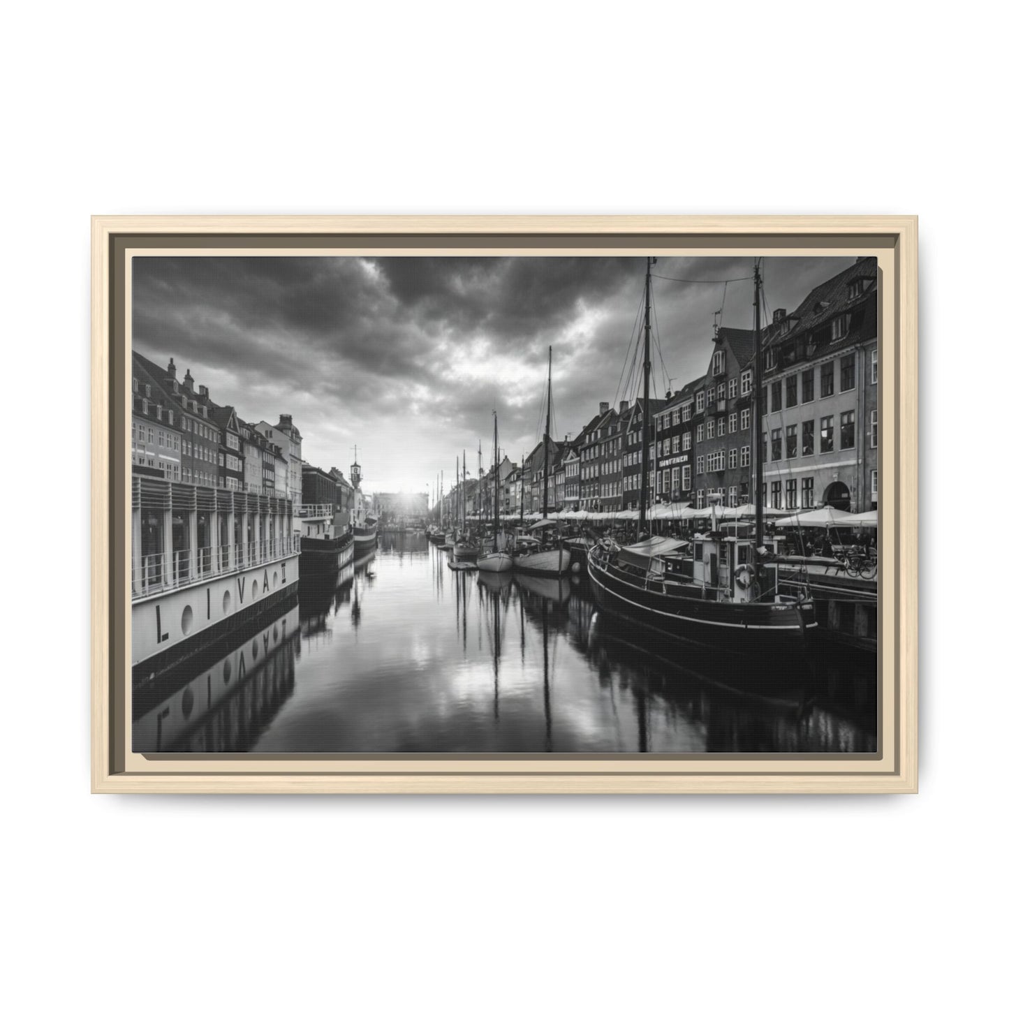 Framed Matte Canvas: Black & White Dutch Canal Photography Wall Art