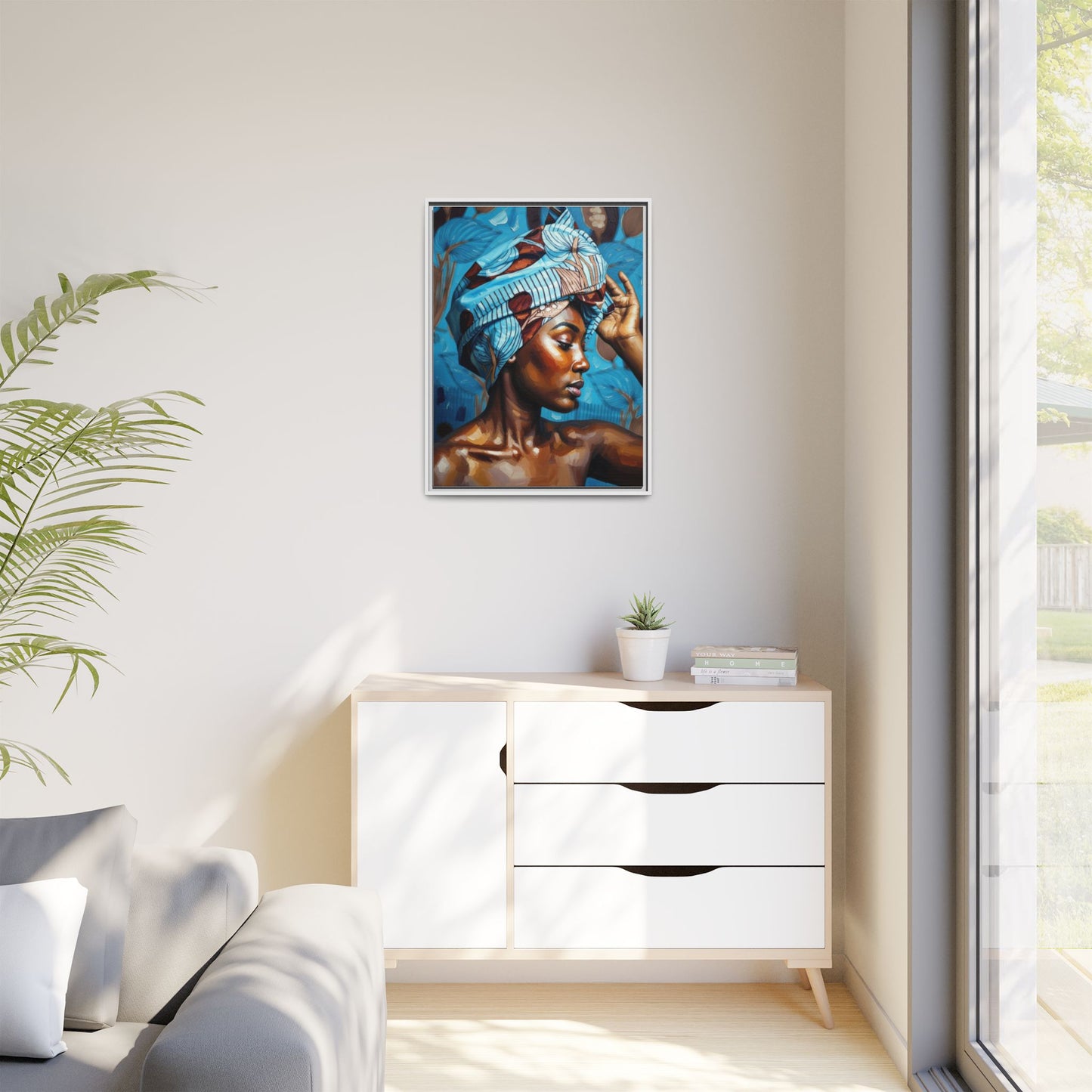 Framed Canvas Art — Portrait of Woman in Blue Headwrap