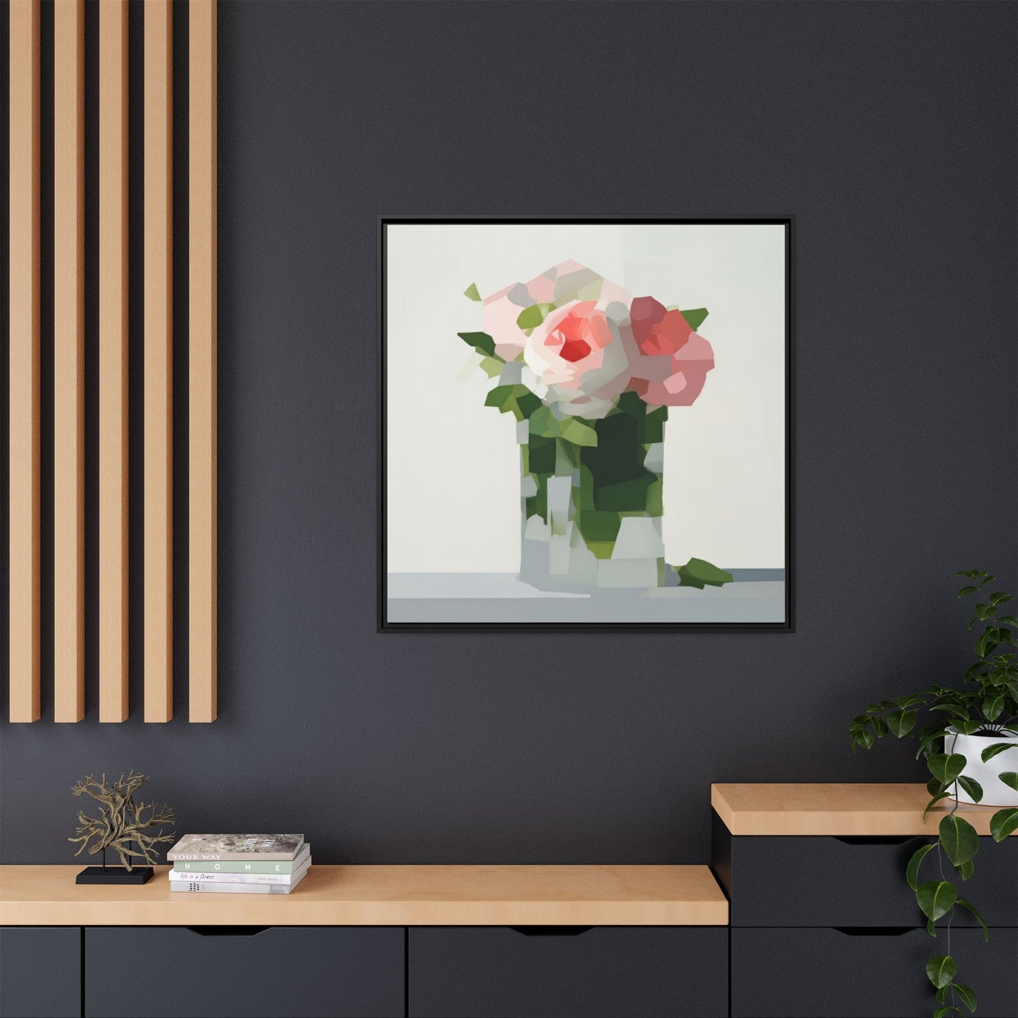 Framed Floral Canvas Print — Modern Pink Roses Still Life