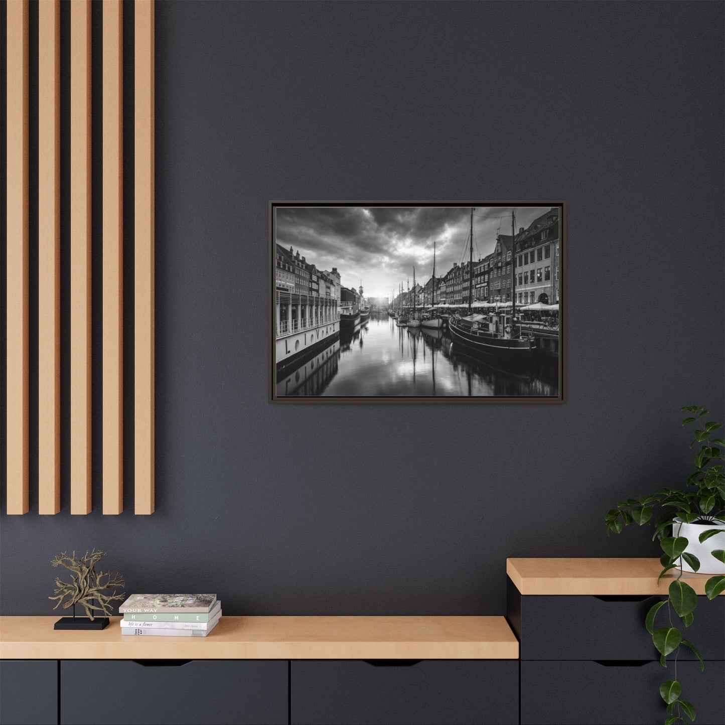 Framed Matte Canvas: Black & White Dutch Canal Photography Wall Art