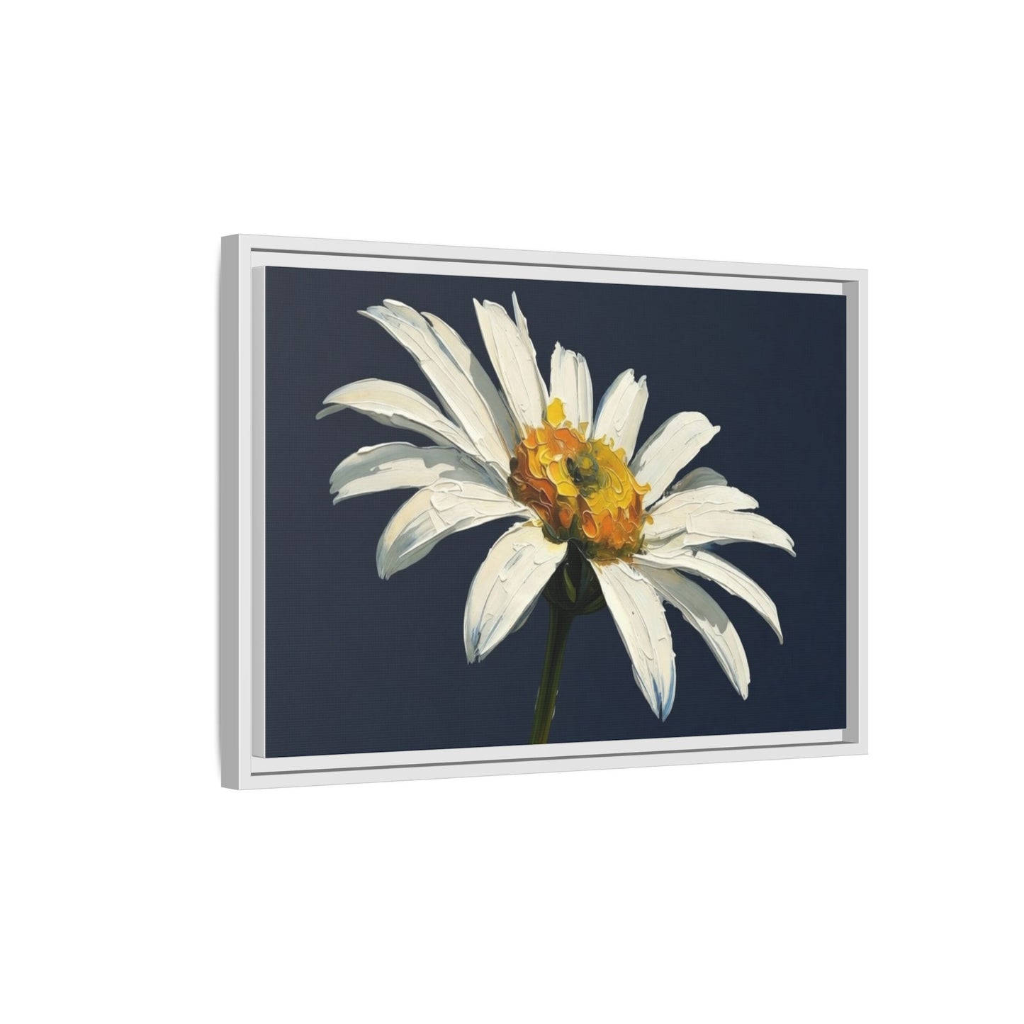 Framed Matte Canvas Daisy Wall Art — White Floral Painting on Navy