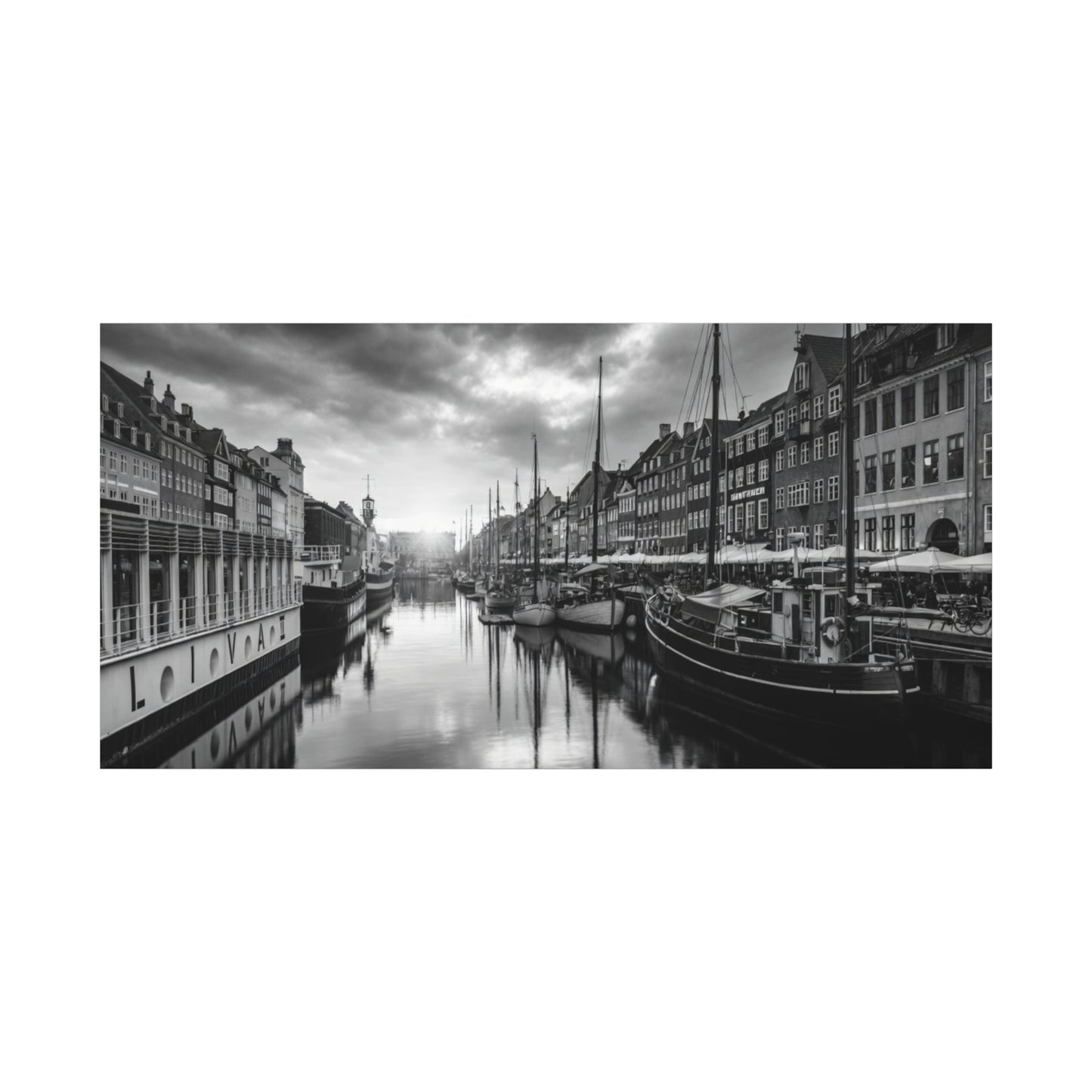 Black & White Harbor Canvas Print — Dramatic Copenhagen Cityscape Wall Art