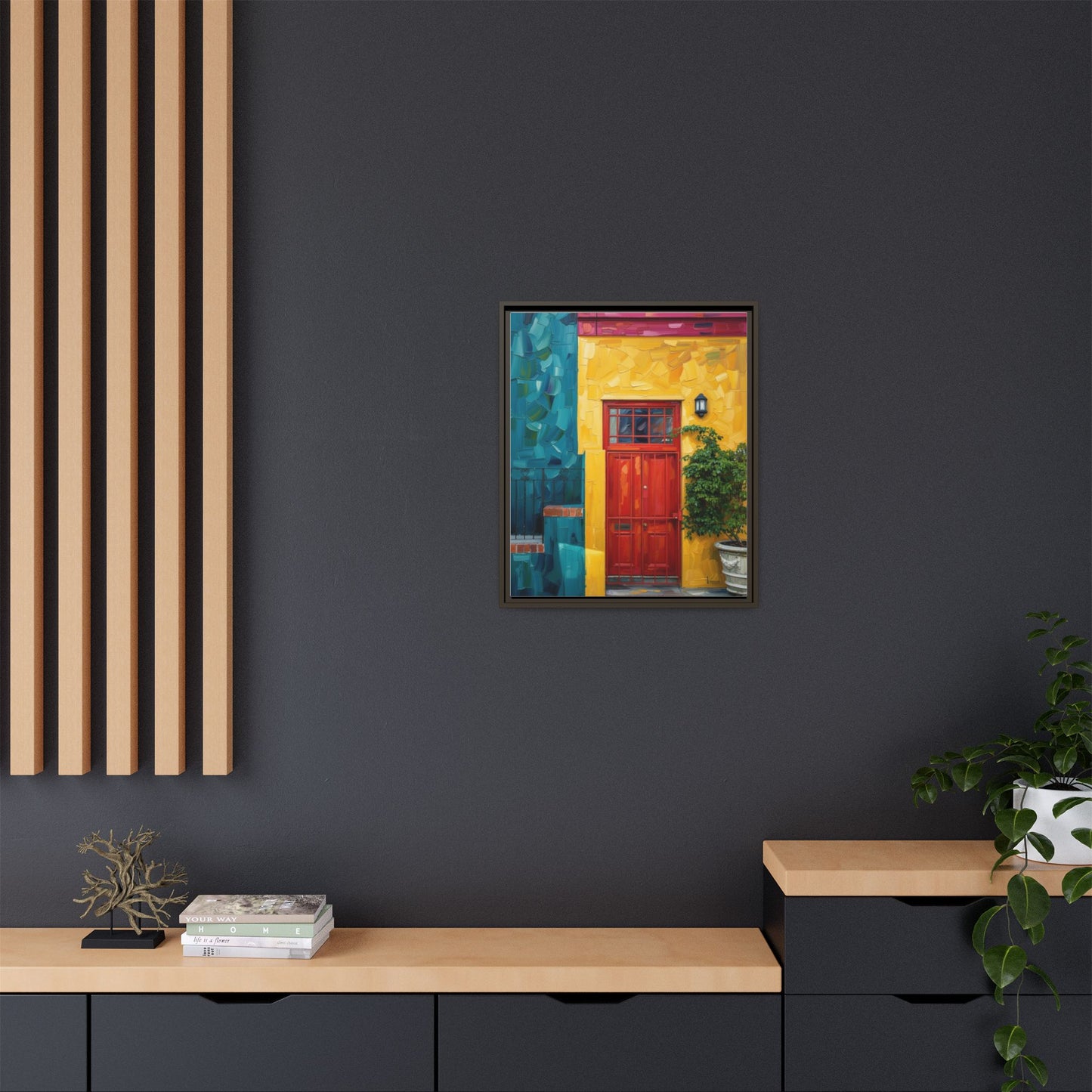 Framed Matte Canvas Wall Art — Colorful Red Door on Yellow Facade