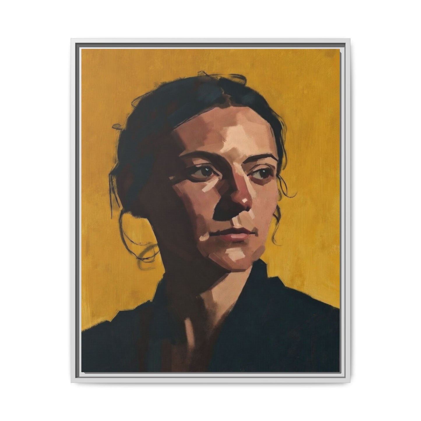 Framed Matte Canvas Portrait Art — Moody Woman on Mustard Background