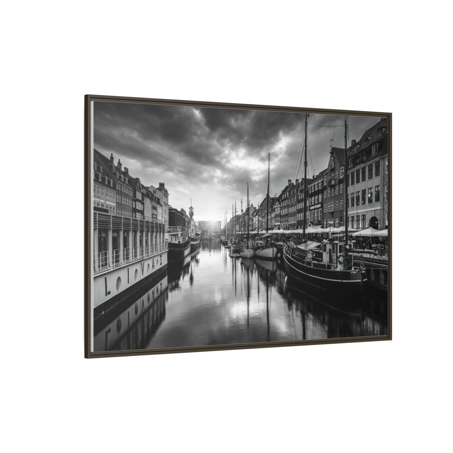 Framed Matte Canvas: Black & White Dutch Canal Photography Wall Art