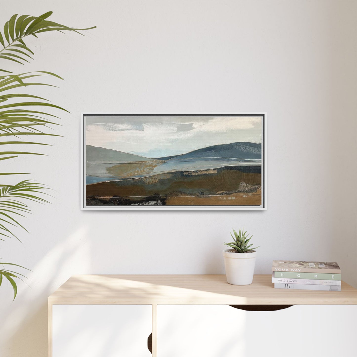 Framed Matte Canvas Landscape Art - Serene Abstract Hills in Blue & Earth Tones