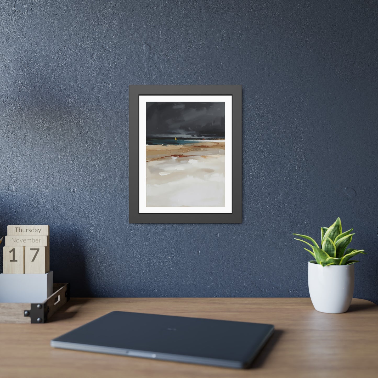 Framed Coastal Beach Print — Moody Seascape Poster in Black Frame