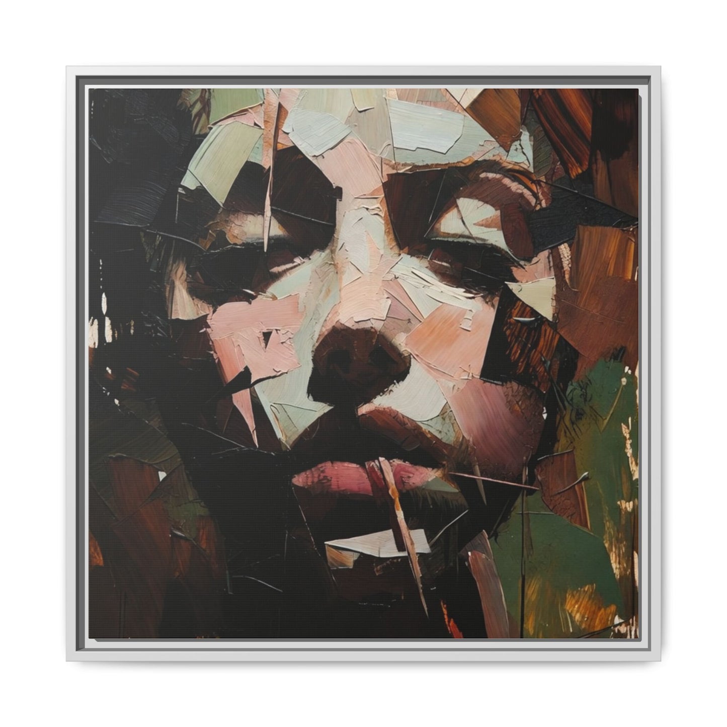 Matte Framed Canvas Art — Abstract Female Portrait, Moody Multicolor