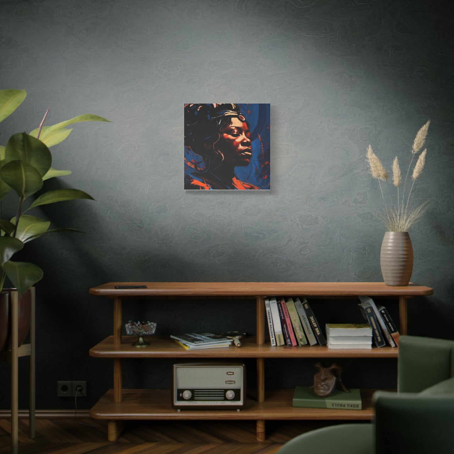 Regal Afrocentric Portrait Matte Canvas Art – Vibrant Blue & Orange Stretched Wall Decor