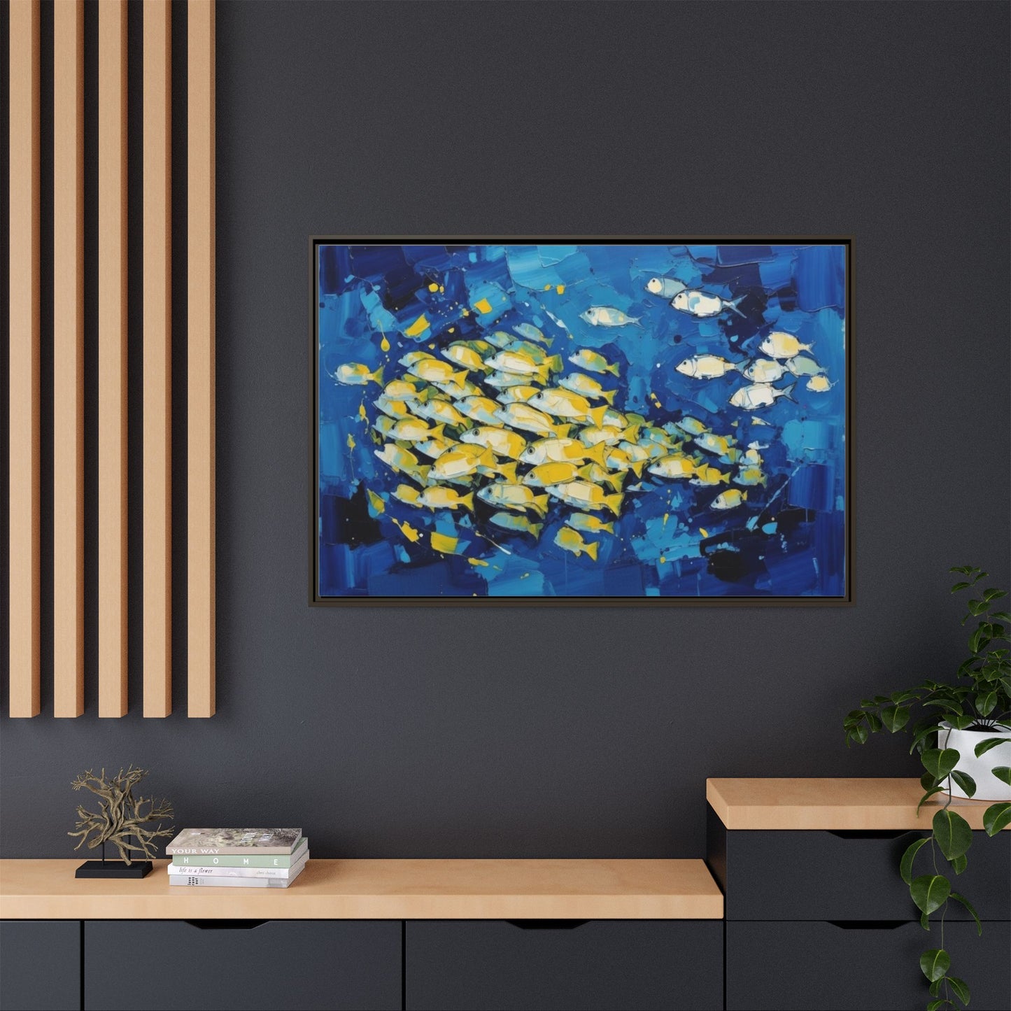 Framed Matte Canvas: Blue School of Fish Wall Art