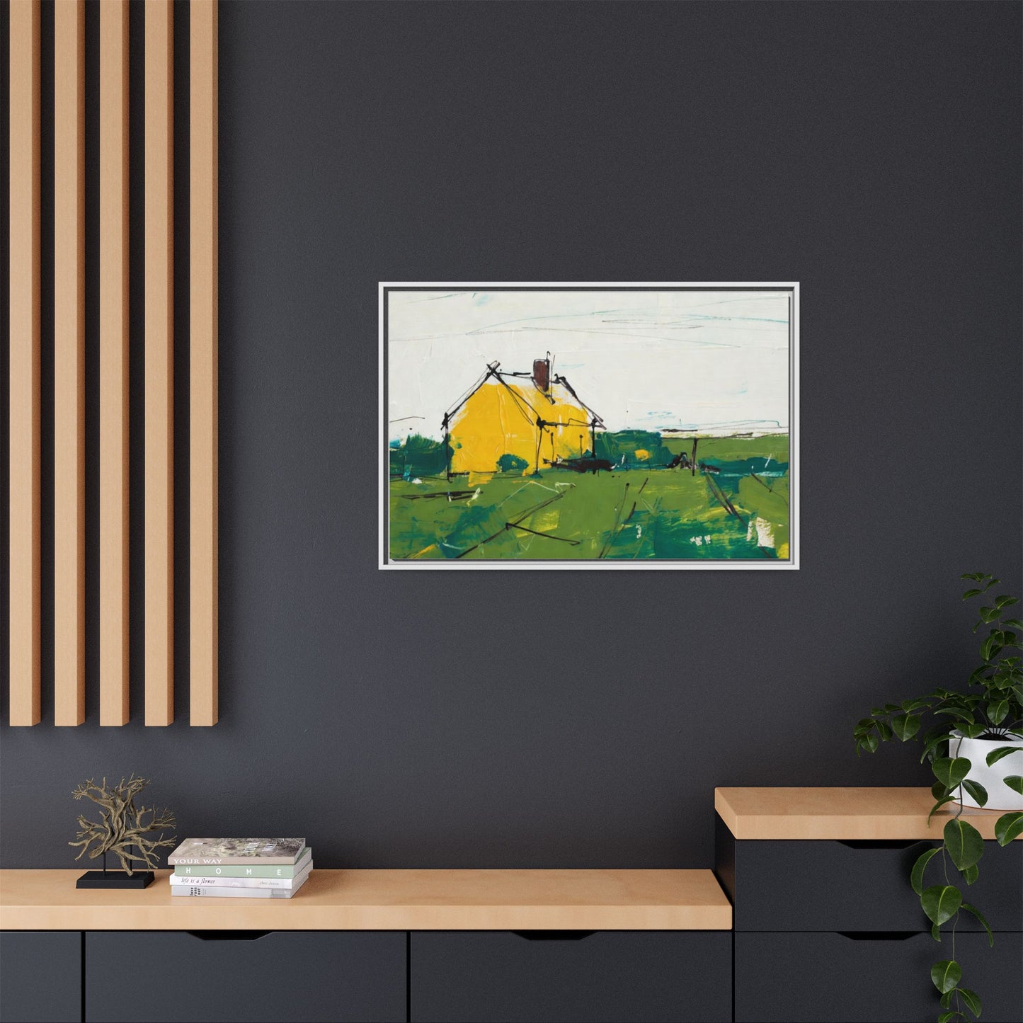 Yellow Cottage Landscape Framed Canvas Print