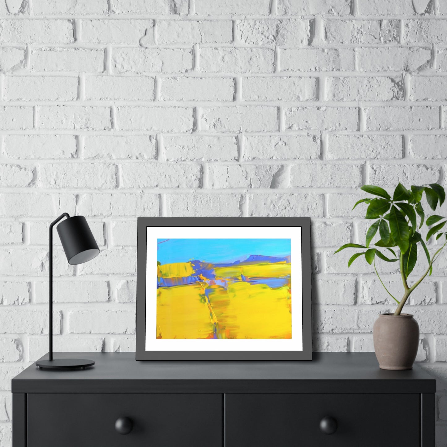 Abstract Sunshine Landscape Framed Poster  Bright Yellow Blue Modern Wall Art
